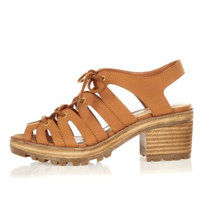 Brown lace-up chunky mid heel sandals
